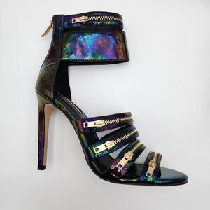 BCBGeneration Casey Strappy Ankle Sandals‎ Open Toe Black Hologram Patent 7.5 M